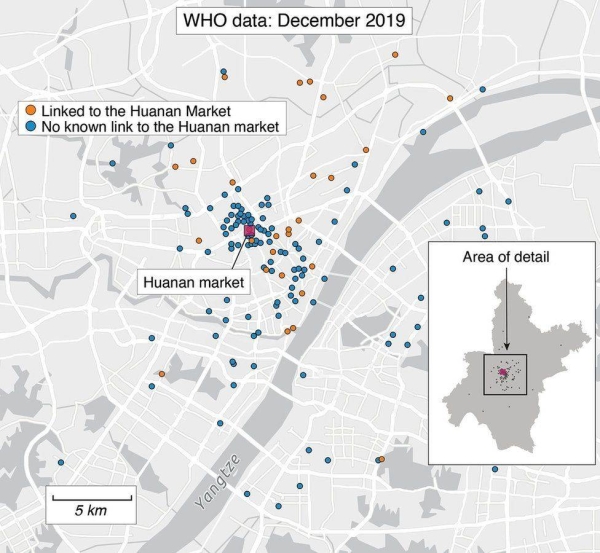 Early cases clustered around the Huanan market (c) Science.