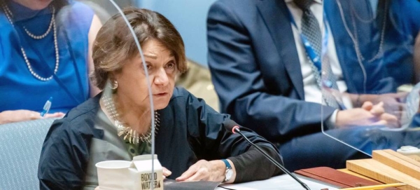 Rosemary DiCarlo, Under-Secretary-General for Political and Peacebuilding Affairs, briefs members of the UN Security Council on the situation in Ukraine. — courtesy UN Photo/Mark Garten