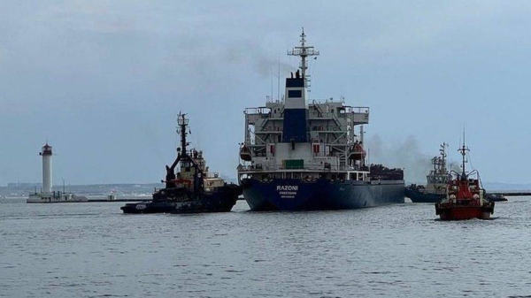 The Sierra Leone-flagged Razoni, carrying 26,000 tons of grain, left the Ukrainian port of Odesa Monday morning.