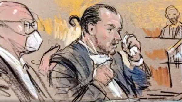 Sketch of Guy Raffitt crying in the courtroom when his son Jackson took the stand against him.