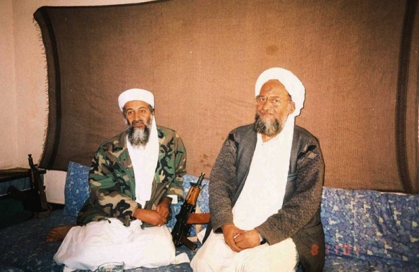 Osama bin Laden sits with Ayman al-Zawahiri during an interview.