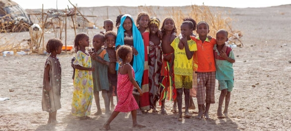 Children displaced by conflict and drought pose for a photo n Semera, Afar Region, Ethiopia.