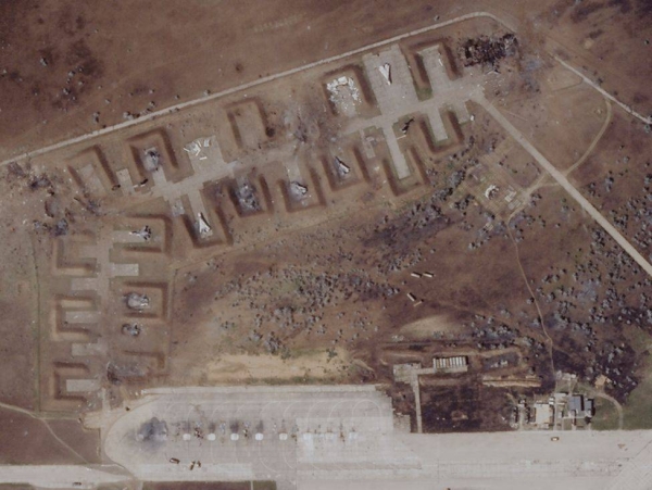 The Saky airbase on 10 August - after the explosions. Several damaged warplanes are visible.
