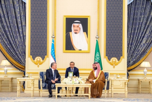 Crown Prince Mohammed bin Salman holds talks with President Shavkat Mirziyoyev of Uzbekistan at Al-Salam Palace in Jeddah.