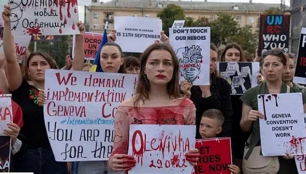 Protesters, mostly relatives, at a rally in support of Ukrainian soldiers from the Azov Regiment captured by Russia in May after the fall of Mariupol, in Kyiv, August 4.