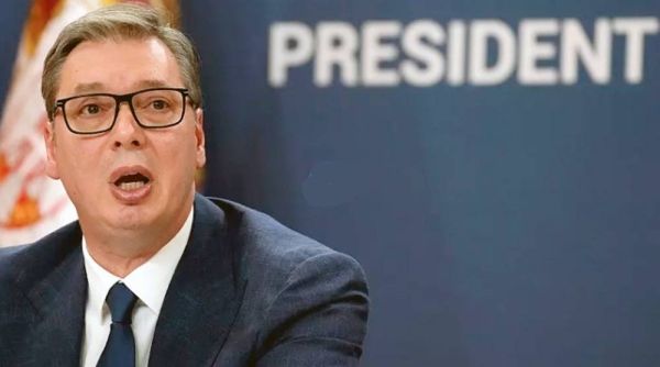 Serbian President Aleksandar Vucic addresses the nation at a news conference in Belgrade.