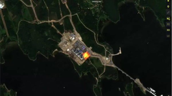 A colorized version of this satellite image captures infrared radiation from the burning of gas at the Portovaya plant.