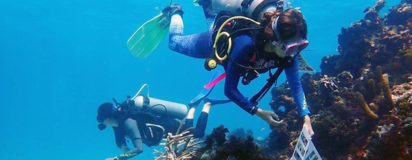 Biologists Maria Fernanda Maya and Mariana Gnecco from NGO Blue Indigo evaluate the health of the coral reef in San Andrés Island. — courtesy Blue Indigo