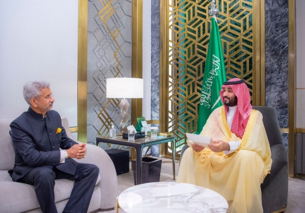 Crown Prince Mohammed bin Salman receives a written message from Prime Minister of India Narendra Modi, delivered by External Affairs Minister Dr. S. Jaishankar during a meeting in Jeddah on Sunday.