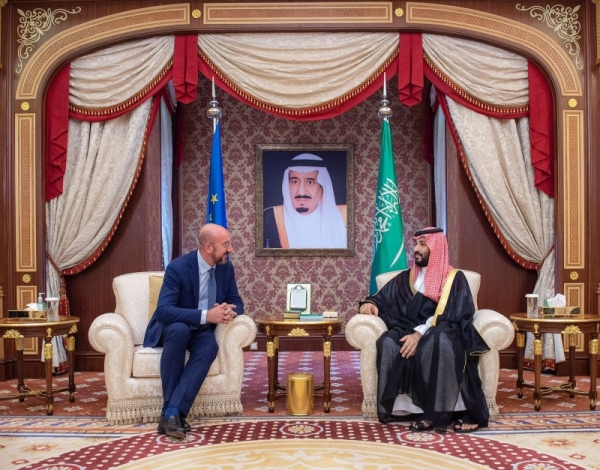 Crown Prince Mohammed Bin Salman, deputy premier and minister of defense, met on Tuesday European Council President Charles Michel at Al-Salam Palace in Jeddah.
