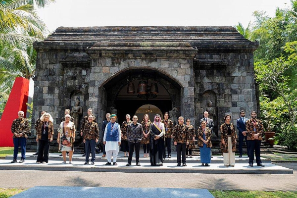 Saudi Arabia’s Minister of Culture Prince Badr bin Abdullah bin Farhan poses for a photo along with culture ministers of G20 countries in Borobudur in the Indonesian region of Magelang on Tuesday. 