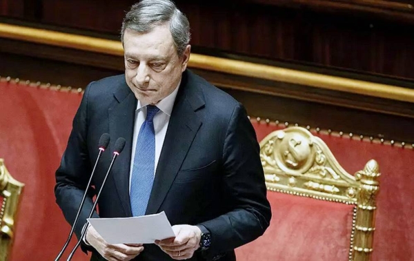 Outgoing Prime Minister Mario Draghi addresses the Senate in Rome in this June, 2022, file photo. — courtesy photo