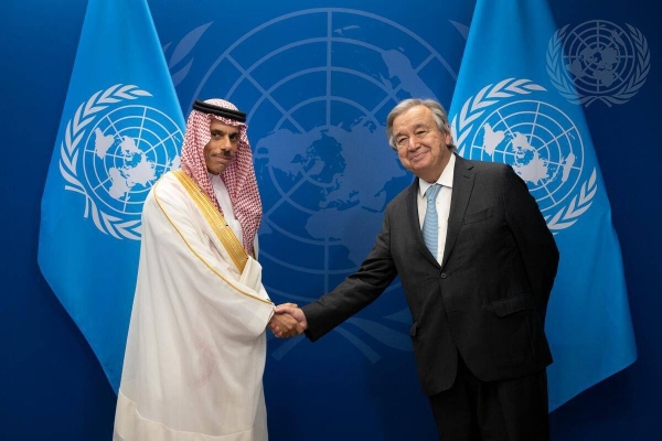 Foreign Minister Prince Faisal Bin Farhan met with UN Secretary-General António Guterres on Saturday in New York on the sidelines of the 77th session of the United Nations General Assembly.
