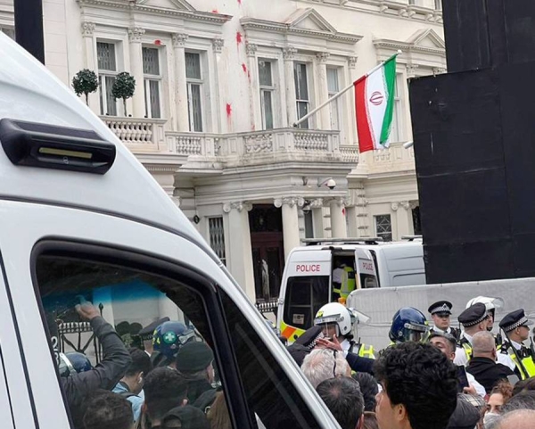 A group of protestors demonstrate in front of the Iranian Embassy in the UK capital London over the weekend. — courtesy Twitter