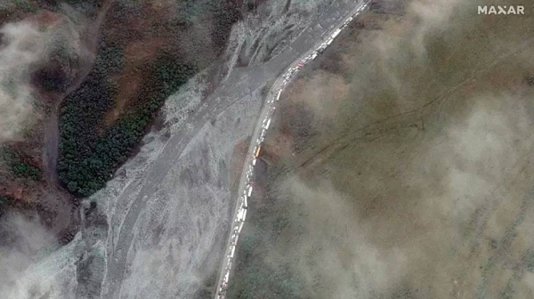 This satellite image provided by Maxar Technologies on Monday, shows an overview of the traffic jam near the Russia border with Georgia on Sunday.