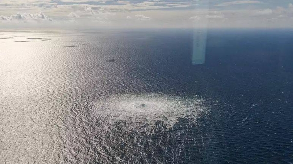 The gas leak from Nord Stream, seen near the island of Bornholm, Denmark