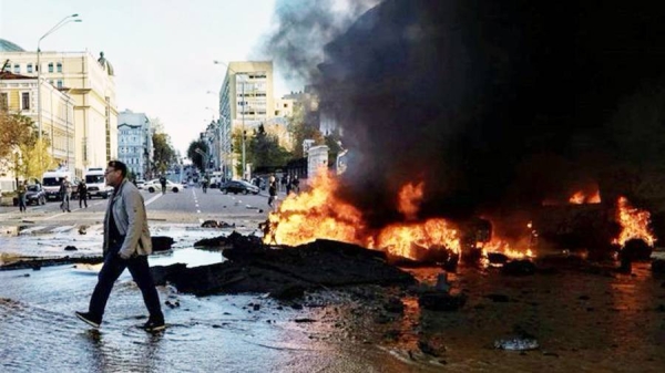 Smoke rises after Russian shelling in Kiev, Ukraine, Tuesday.