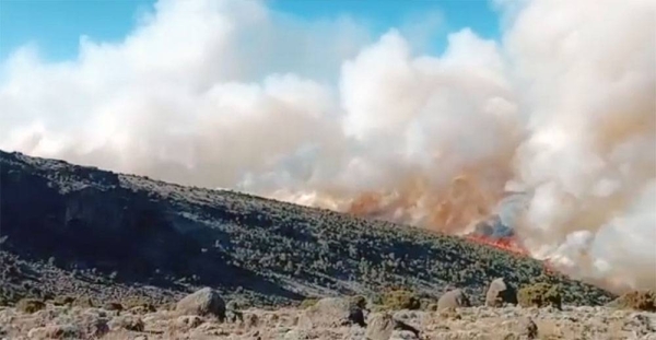 Giant flames and plumes of smoke could be seen on the slopes of Mount Kilimanjaro on Saturday. — courtesy photo