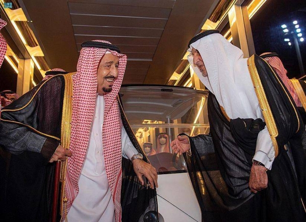 Custodian of the Two Holy Mosques King Salman is being seen off by Prince Khaled Al-Faisal, emir of Makkah and advisor to Custodian of the Two Holy Mosques, at King Abdulaziz International Airport in Jeddah on Tuesday.  

