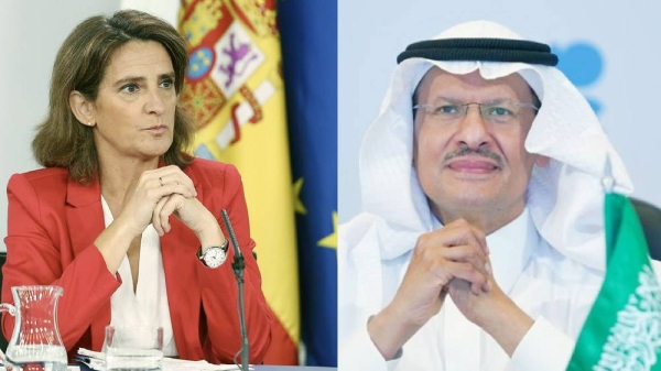 Energy Minister Prince Abdulaziz Bin Salman, right, Spanish Vice President Teresa Ribera Rodríguez, minister for the ecological transition and the demographic challenge, held a virtual meeting on energy-related issues.
