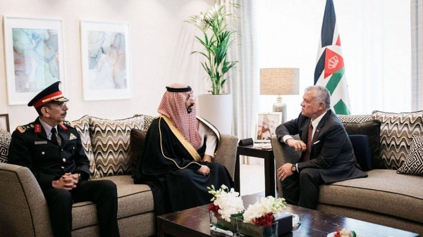 King Abdullah II of Jordan receives Saudi National Guard Minister Prince Abdullah bin Bandar in Aqaba on Tuesday.