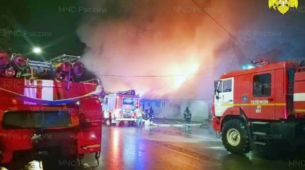 Firefighters try to extinguish a fire at a cafe in Kostroma, Russia, Saturday. — courtesy Russian Emergency Ministry Press Service
