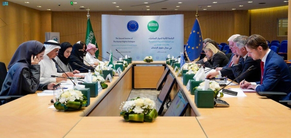 Human Rights Commission President Dr. Hala Al-Tuwaijri and European Union Special Representative for Human Rights Eamon Gilmore co-chair second session of the joint human rights dialogue in Riyadh on Sunday. — SPA

