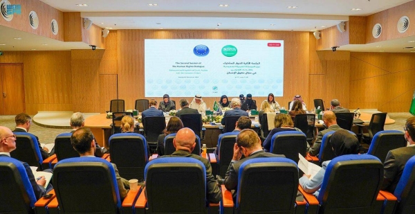 Human Rights Commission President Dr. Hala Al-Tuwaijri and European Union Special Representative for Human Rights Eamon Gilmore co-chair second session of the joint human rights dialogue in Riyadh on Sunday. — SPA

