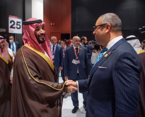 Crown Prince Mohammed bin Salman greets UK Secretary of State for Foreign, Commonwealth and Development Affairs James Cleverly.