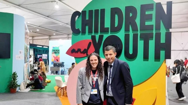 Hayleigh Campbell (left) and Mohab Sherif at the Children and Youth Pavilion. — courtesy Lottie Limb/Euronews