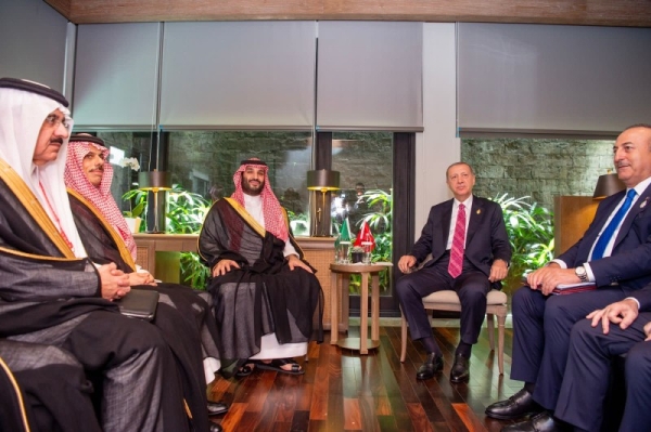 Crown Prince and Prime Minister Mohammed bin Salman and Turkish President Recep Tayyip Erdogan during the meeting on sidelines of G20 Summit in Bali. — SPA