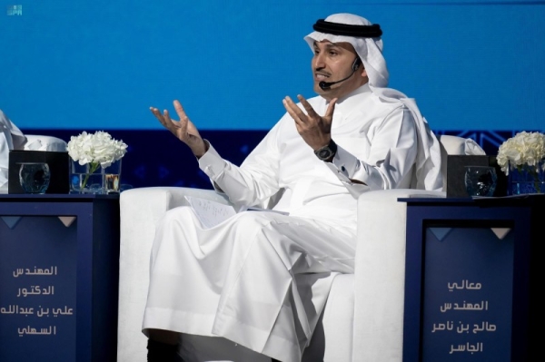 Minister of Transport and Logistics Saleh Al-Jasser speaking at Riyadh Economic Forum on Tuesday. 