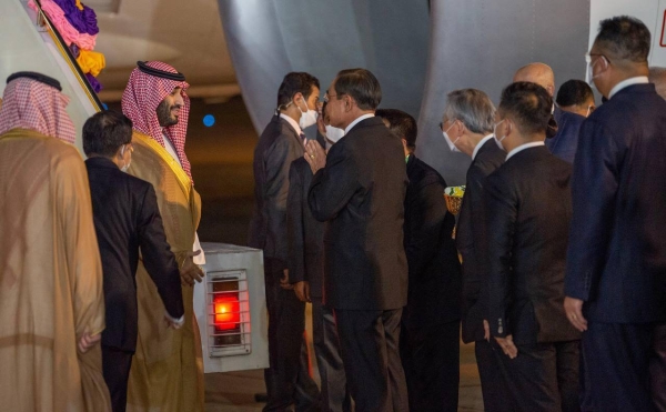 Thailand’s Prime Minister and Minister of Defense Prayut Chan-o-cha and other leaders receiving Crown Prince and Prime Minister Mohammed bin Salman upon his arrival in Bangkok on Thursday.