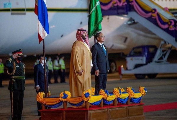 Thailand’s Prime Minister and Minister of Defense Prayut Chan-o-cha and other leaders receiving Crown Prince and Prime Minister Mohammed bin Salman upon his arrival in Bangkok on Thursday.