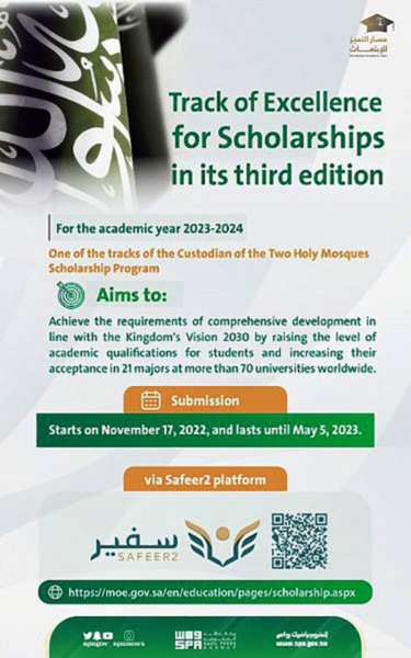 For the academic year 2023–2024, the Ministry of Education has announced the start of accepting the applications for the Track of Excellence for Scholarships in its third edition.