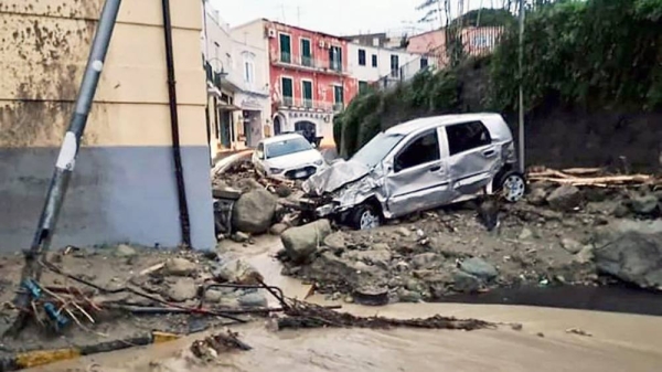 Destroyed cars are pictured in Casamicciola in the southern Ischia island on November 26, 2022, following heavy rains that sparked a landslide. — courtesy ANSA/AFP