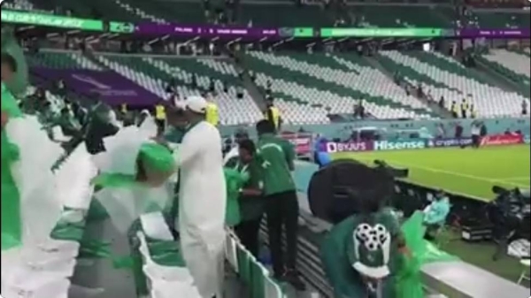 Social media users posted videos of the Saudi fans collecting water bottles and leftovers in their stands and gathering them in waste bags