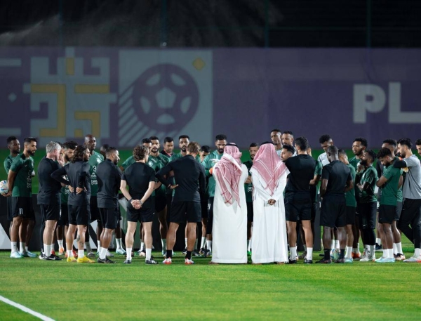 The Saudi national team members along with Coach Hervé Renard and officials during their training session at Celine Resort Stadium on Monday. 