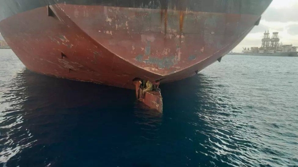 Three people were found perched on the rudder blade on an oil tanker in Spain
