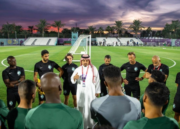 The Saudi national team members along with officials during their final training session on Tuesday ahead of their match against Mexico.  

