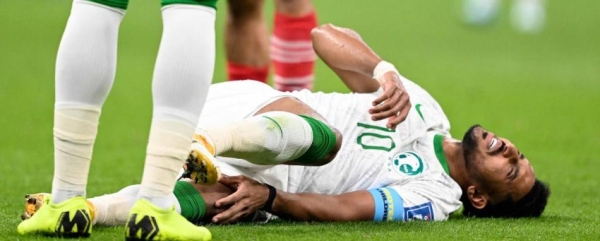 A scene of Salem Al-Dawsari being injured during Saudi Arabia’s match against Mexico on Wednesday. 