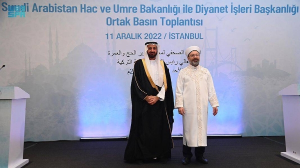 Minister of Hajj and Umrah Dr. Tawfiq Al-Rabiah announced the cancelation of health procedures of COVID-19 vaccines for all pilgrims coming from Turkey, as well as exempting them from the age requirement during a joint press conference with the Head of Türkiye’s Religious Affairs Ali Erbaş.
