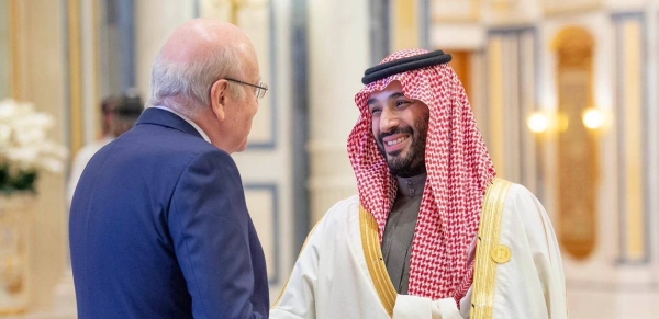 Crown Prince Mohammed Bin Salman greets Lebanese Prime Minister Najib Mikati ahead of the Arab-Chinese Summit in Riyadh on Friday.