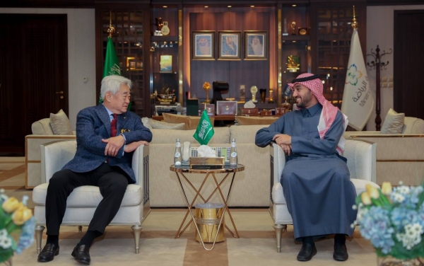 Minister of Sports Prince Abdulaziz Bin Turki, who is also the chairman of the Saudi Olympic and Paralympic Committee, meets with the World Taekwondo President Dr. Chungwon Choue.