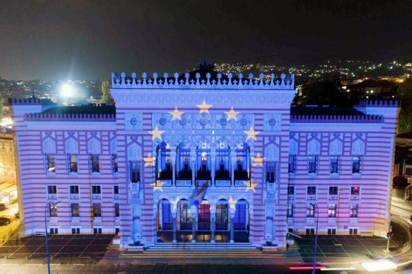 The European Union flag is projected on the National Library building in Sarajevo, Bosnia, Oct. 12, 2022. — File photo