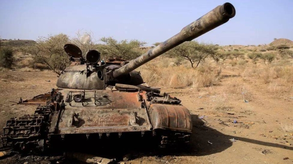 A tank destroyed in fighting between the Ethiopian National Defense Force (ENDF) and the Tigray People's Liberation Front (TPLF)