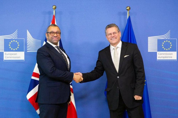 European Commissioner for Inter-institutional Relations and Foresight Maros Sefcovic with Secretary of State for Foreign, Commonwealth and Development Affairs of United Kingdom James Cleverly at EU headquarters in Brussels. — courtesy Twitter