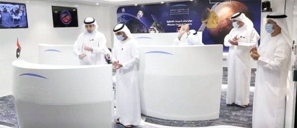 Ibrahim Al Qasim, center, deputy director general of the UAE Space Agency, said, “The choice was Mars because Mars was of great interest for the global science community. — courtesy Dubai Media Office
