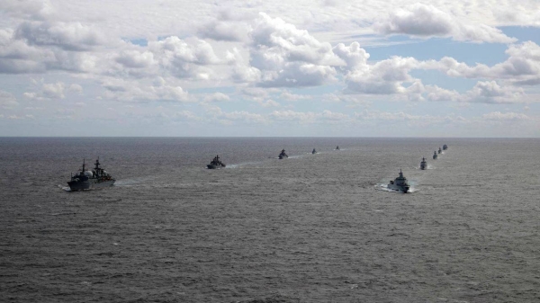 
Chinese and Russian naval fleets conduct joint drills on October 23, 2021 in the eastern waters of the East China Sea.