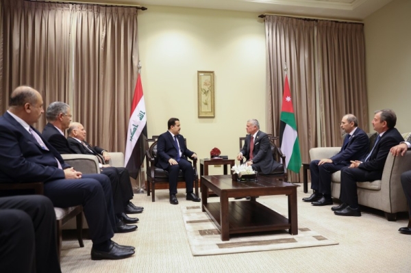 King Abdullah met with Iraqi Prime Minister Mohammad Al-Sudani and his accompanying delegation on Tuesday, as they discussed the latest regional developments, foremost the Palestinian case.